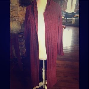 Burgundy/black duster cardigan.